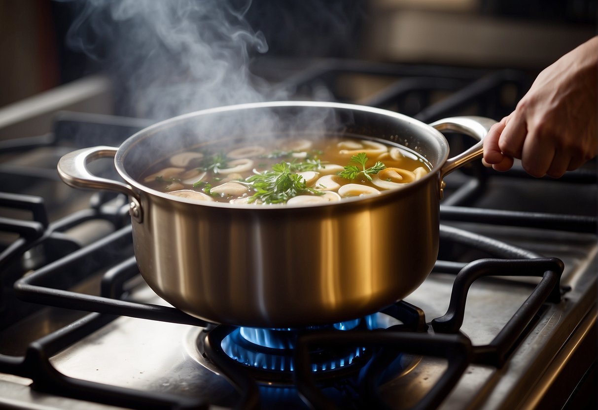 A pot simmers on a stove. Mushrooms, onions, and broth are being added. Steam rises as ingredients meld together