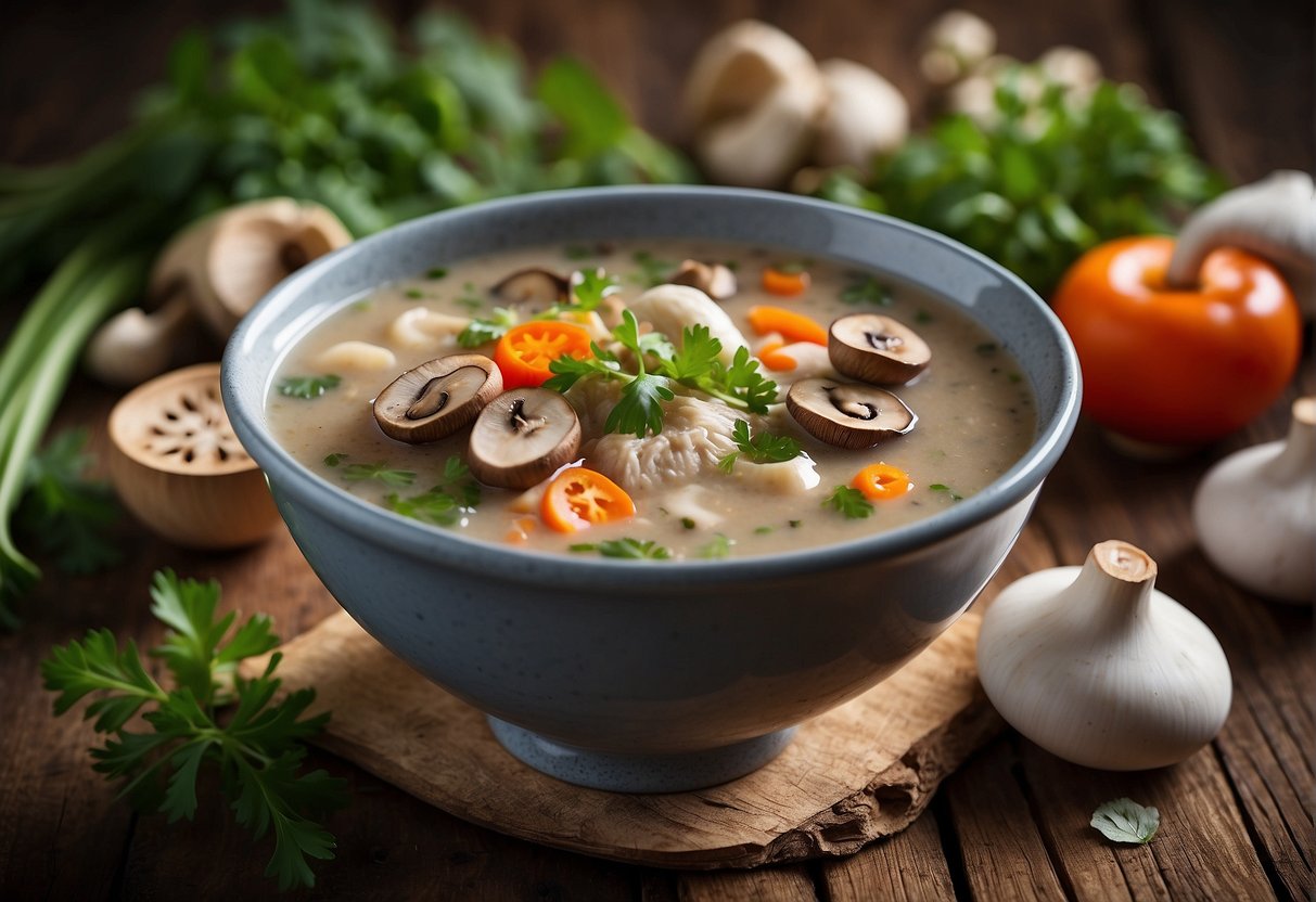 A steaming bowl of mushroom soup sits on a rustic wooden table, garnished with fresh herbs and surrounded by colorful Chinese ingredients