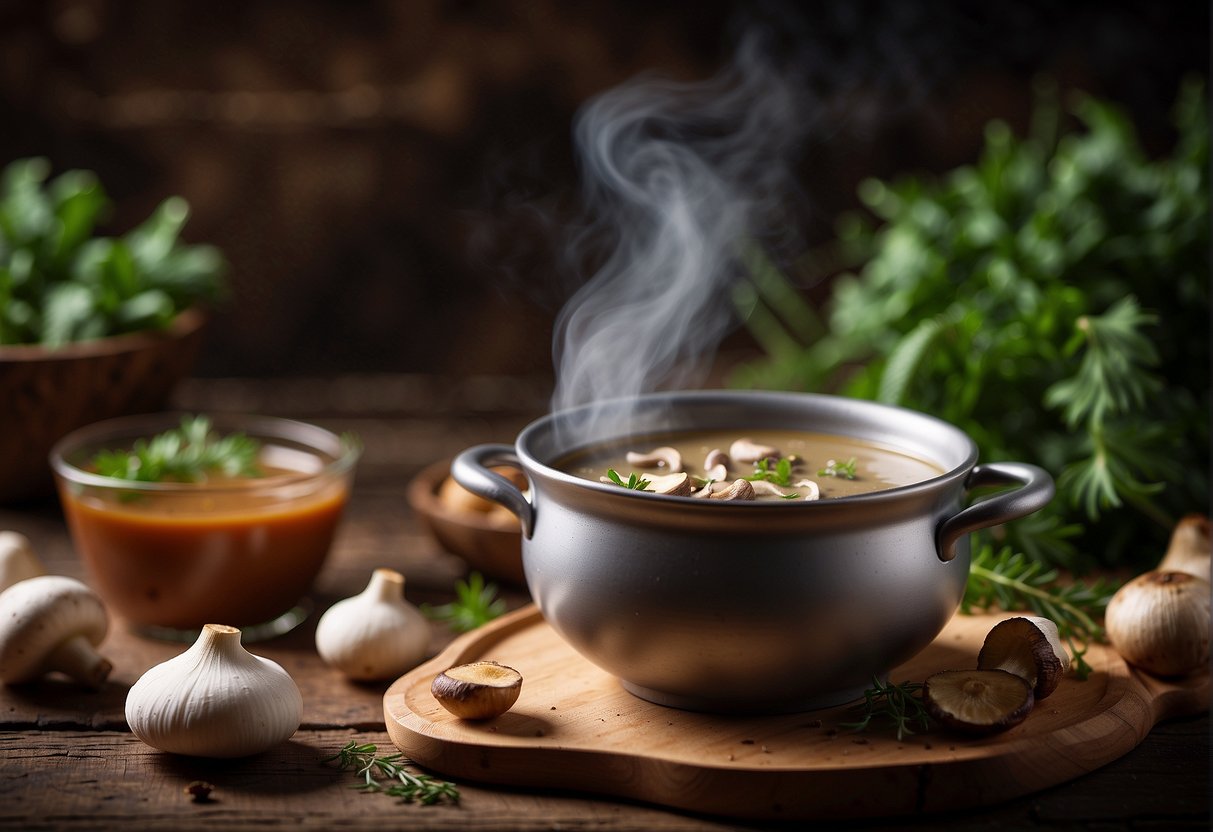 A steaming bowl of mushroom soup sits on a wooden table, surrounded by fresh mushrooms, herbs, and spices. A container of soup is being stored in the refrigerator