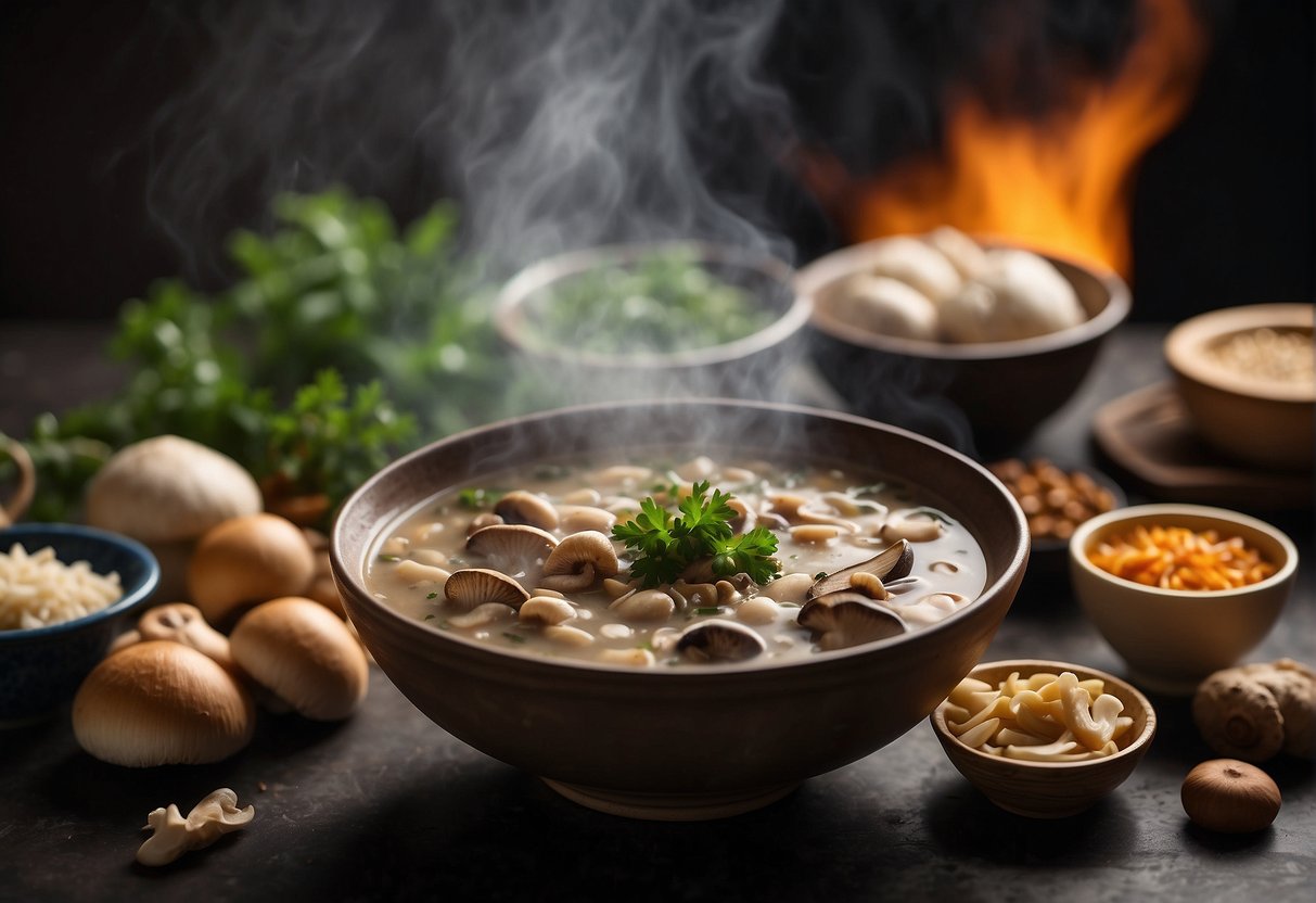 A steaming bowl of mushroom soup surrounded by Chinese ingredients and a list of frequently asked questions