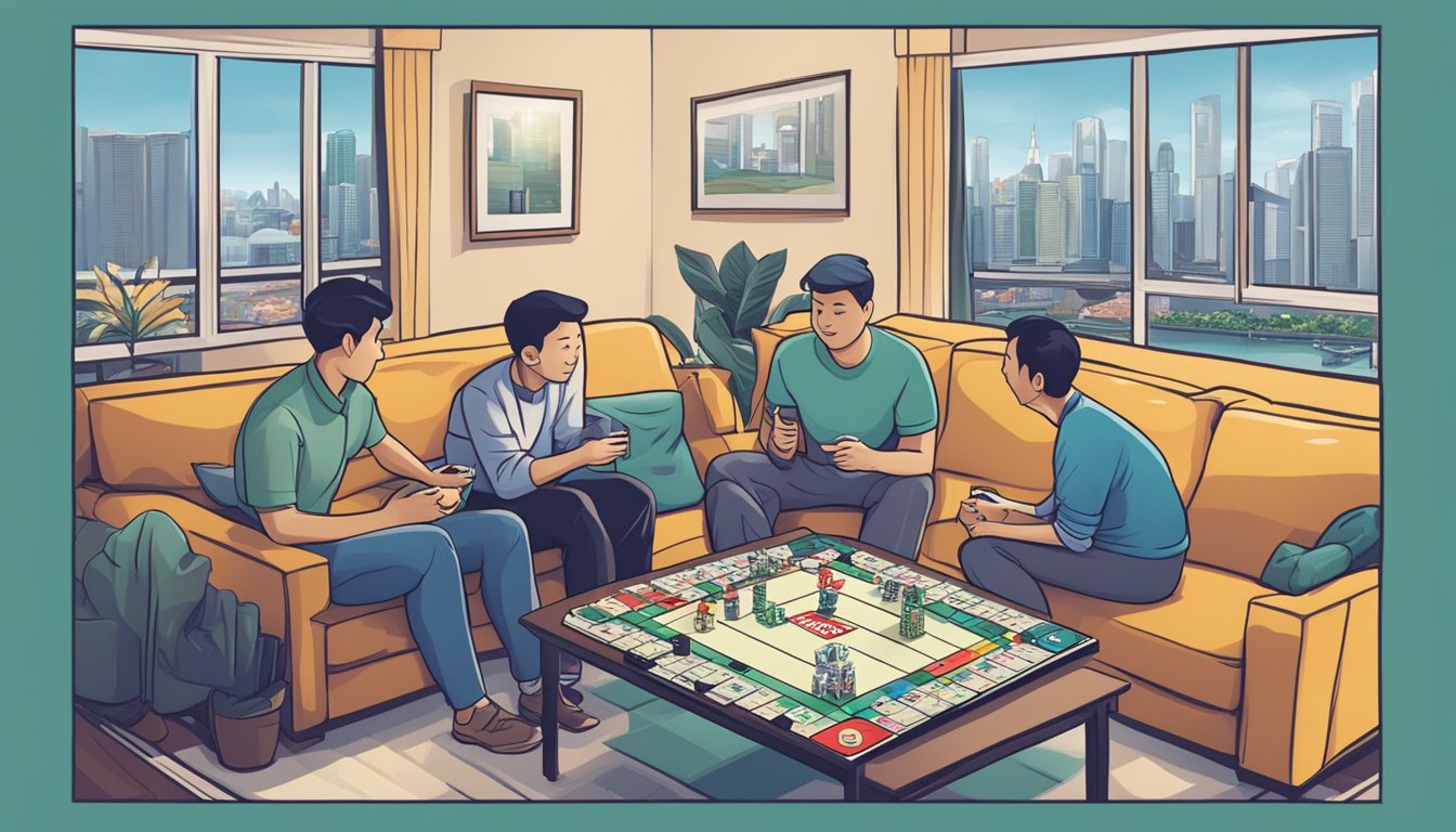 A group of people playing Monopoly Deal in a cozy living room, with the iconic Singapore skyline visible through the window