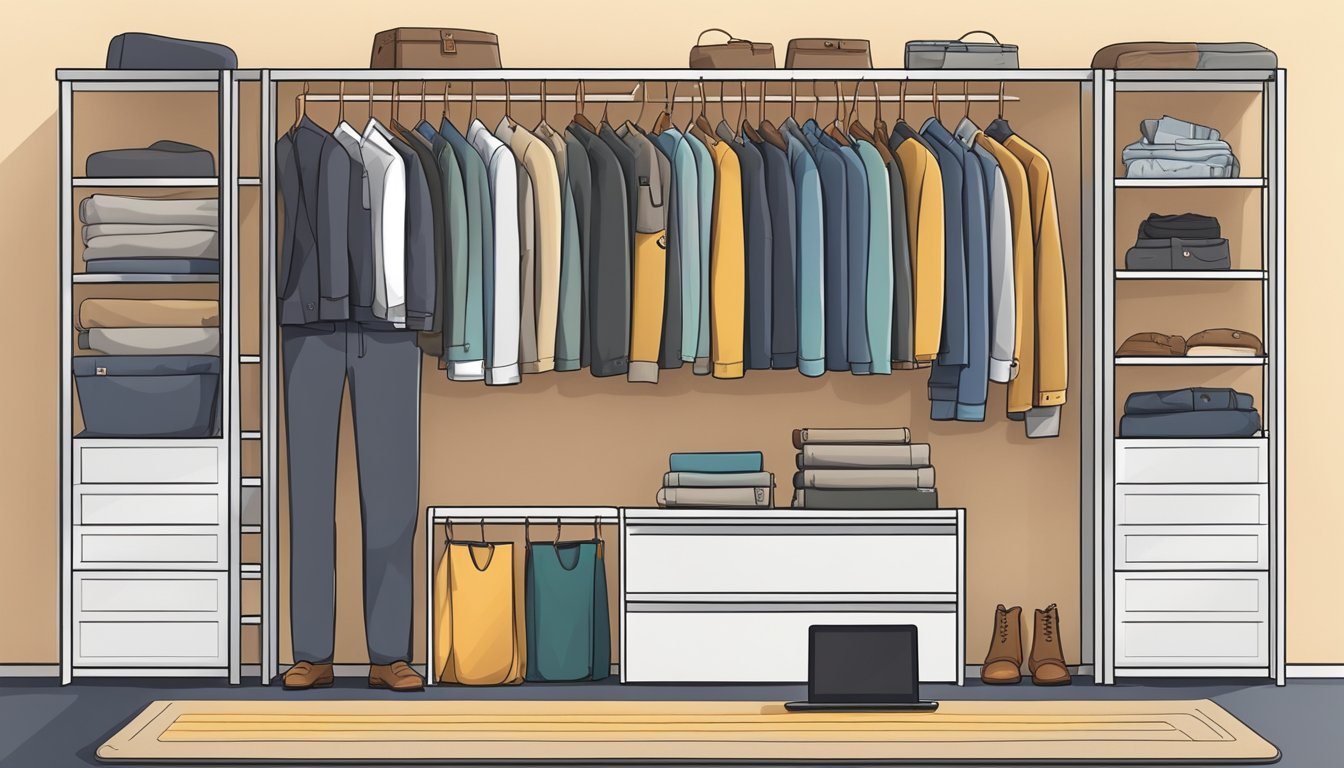 A closet with various trousers hanging neatly, some casual, others formal, and a few for outdoor activities. A laptop open to an online store