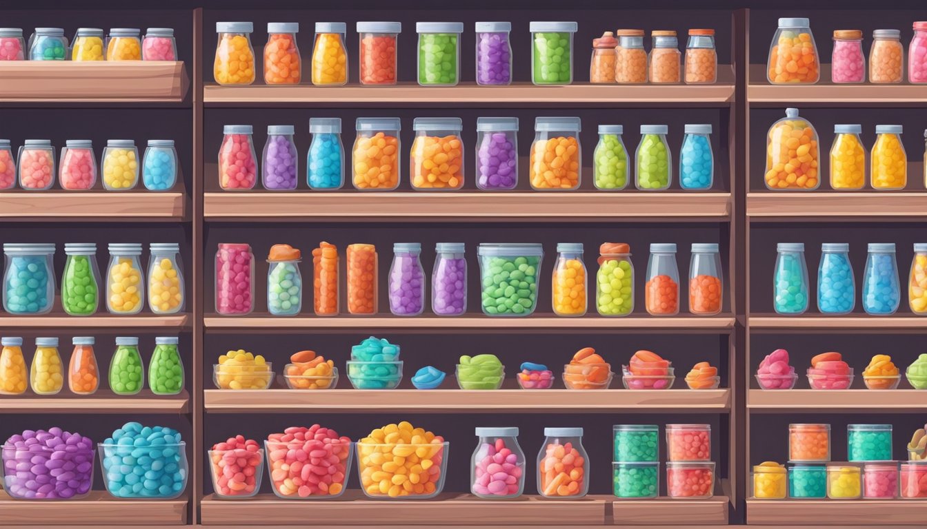 A colorful candy store in Singapore sells jelly beans in clear, plastic containers. Shelves are neatly organized with various flavors and sizes