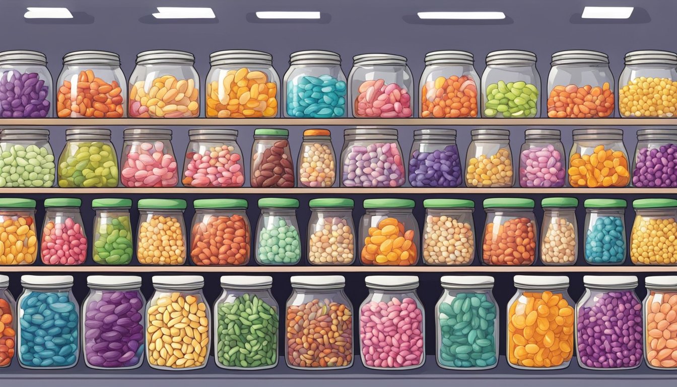 A colorful array of jelly beans displayed in clear, labeled jars at a candy store in Singapore. Customers carefully select and fill their bags with an assortment of flavors