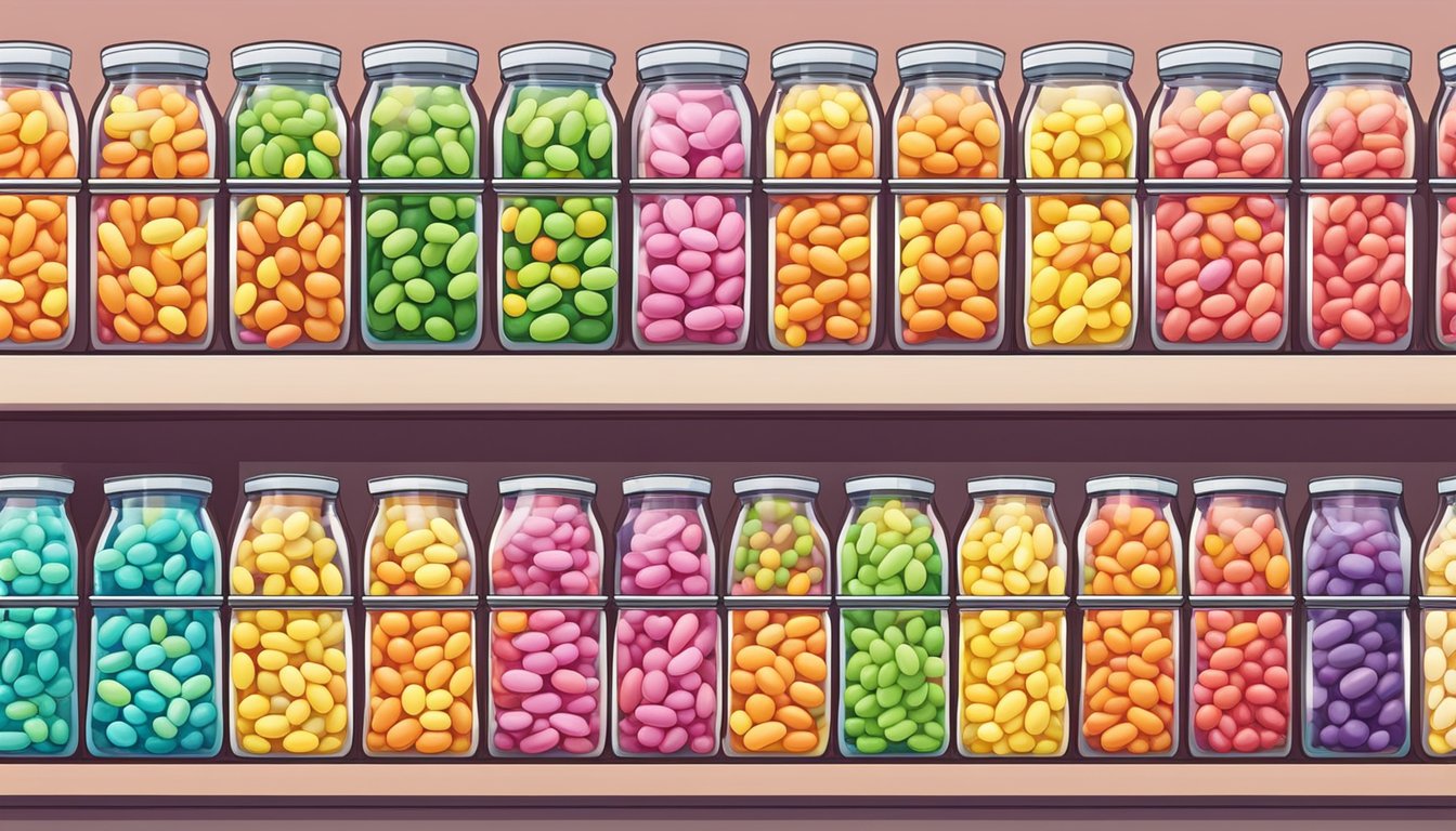 A colorful display of jelly beans in various flavors and sizes, with price tags, in a Singaporean store