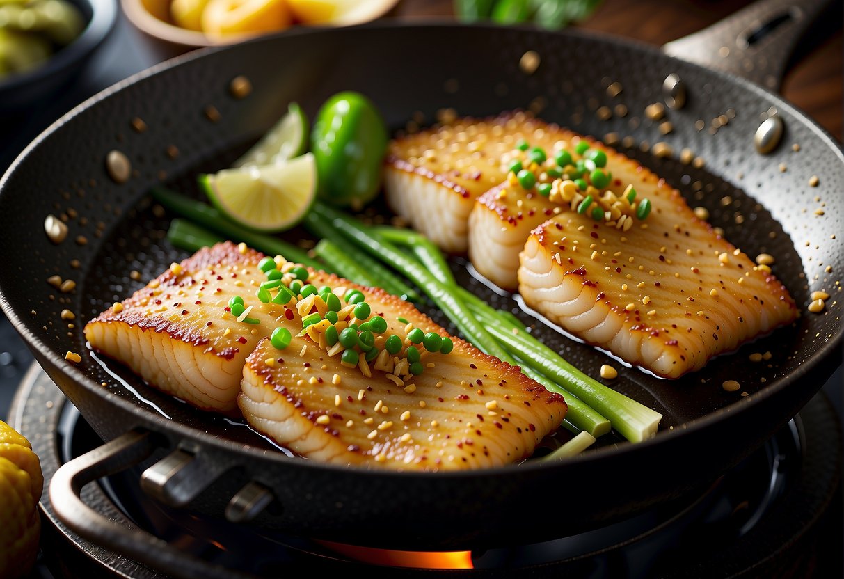 A sizzling fish fillet is being fried in a wok with aromatic ginger and savory Chinese spices. The golden brown fish emits a mouthwatering aroma