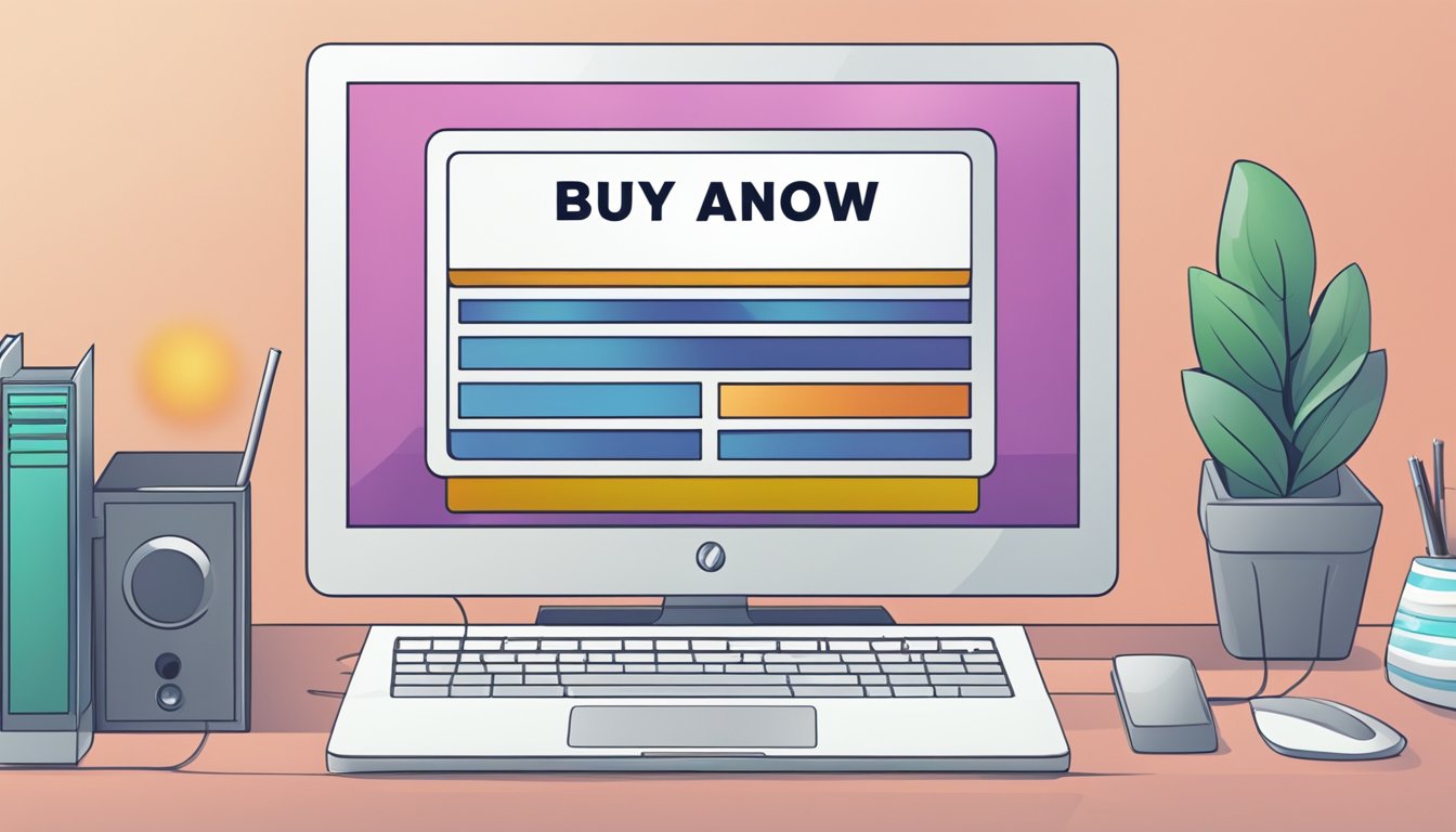 A computer screen showing a website with a "buy now" button for a TV