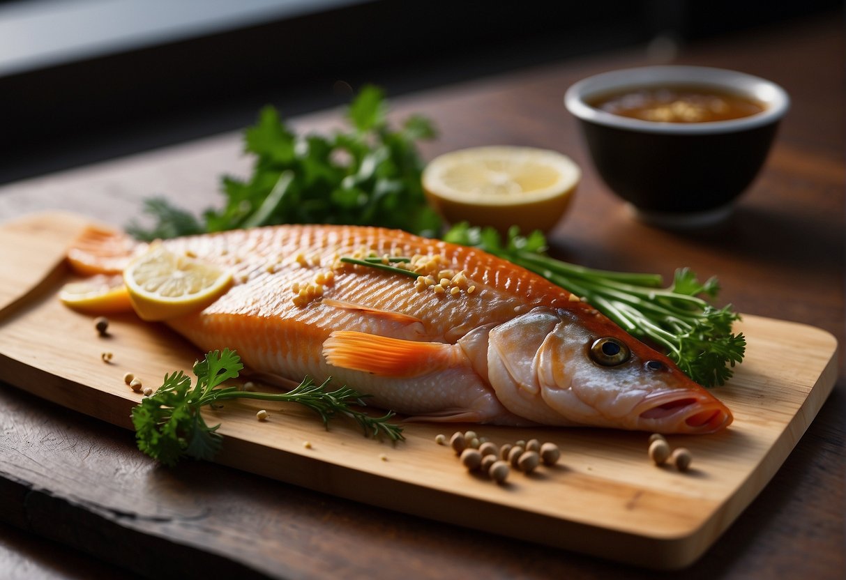 A whole fish, ginger, soy sauce, and spices laid out on a wooden cutting board, ready to be prepared for a Chinese fried fish dish