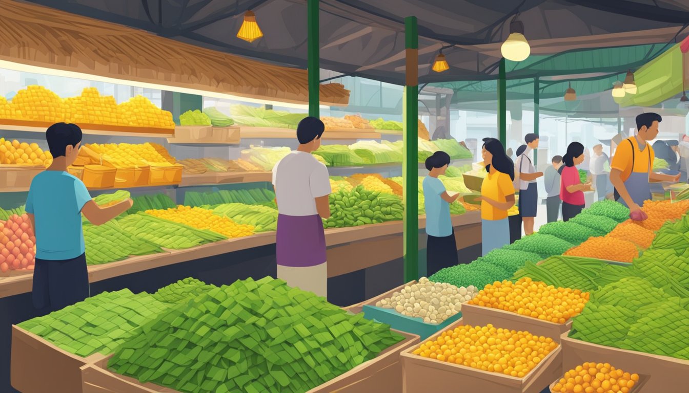 A bustling market stall sells fresh ketupat leaves in Singapore. Brightly colored packages line the shelves, while a vendor carefully selects and bundles the leaves for a customer