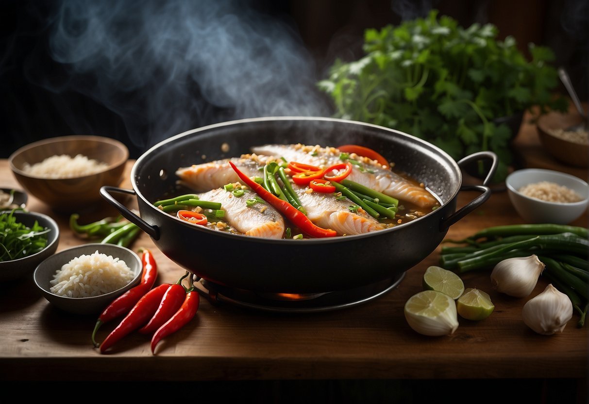 A whole fish sizzling in a wok with bubbling hot oil, surrounded by vibrant green scallions, fiery red chilies, and aromatic ginger and garlic