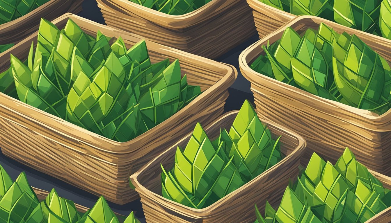 Green ketupat leaves neatly arranged in baskets at a local market in Singapore. Brightly lit with natural sunlight