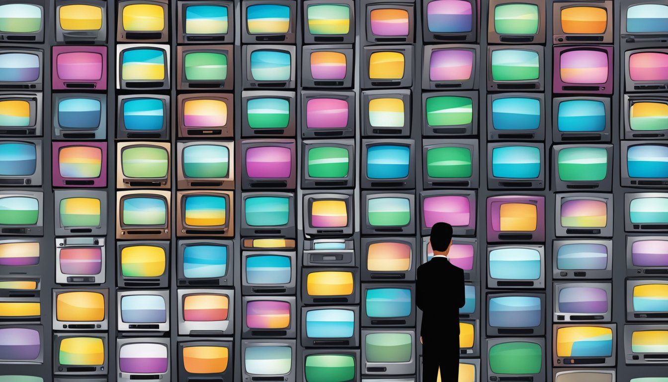 A person standing in front of a wall of televisions, carefully comparing the features and prices of each one