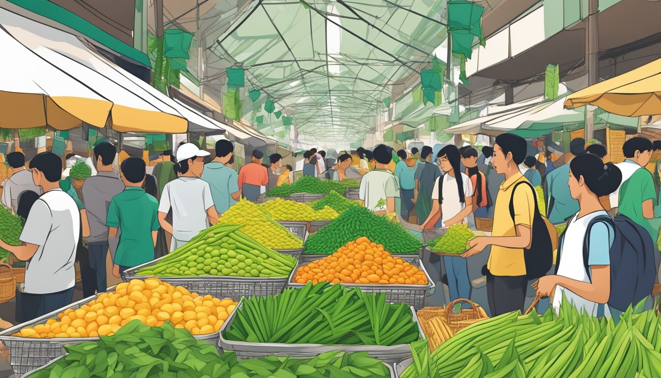 A bustling market stall in Singapore, with vibrant green ketupat leaves neatly arranged in baskets, surrounded by eager customers seeking to purchase them