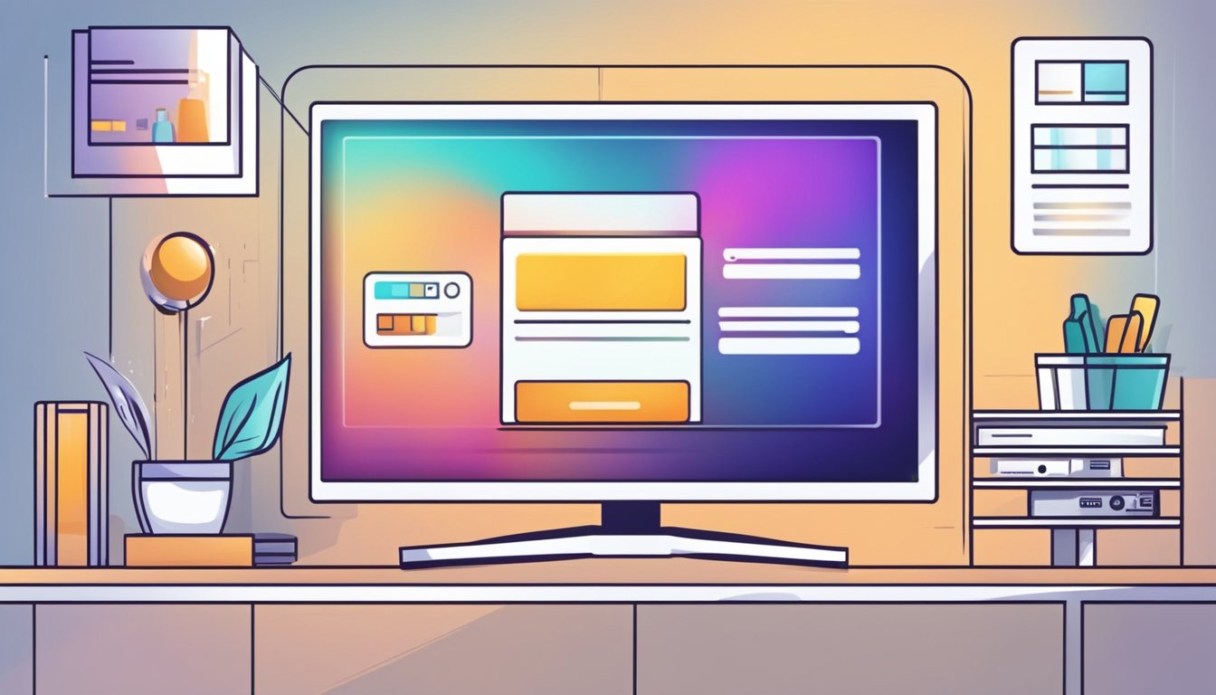 A hand clicks "Add to Cart" on a sleek TV website. The screen shows the purchase confirmation