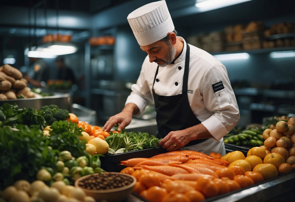 A chef carefully selects a fresh fish from a market display, surrounded by vibrant vegetables and aromatic spices