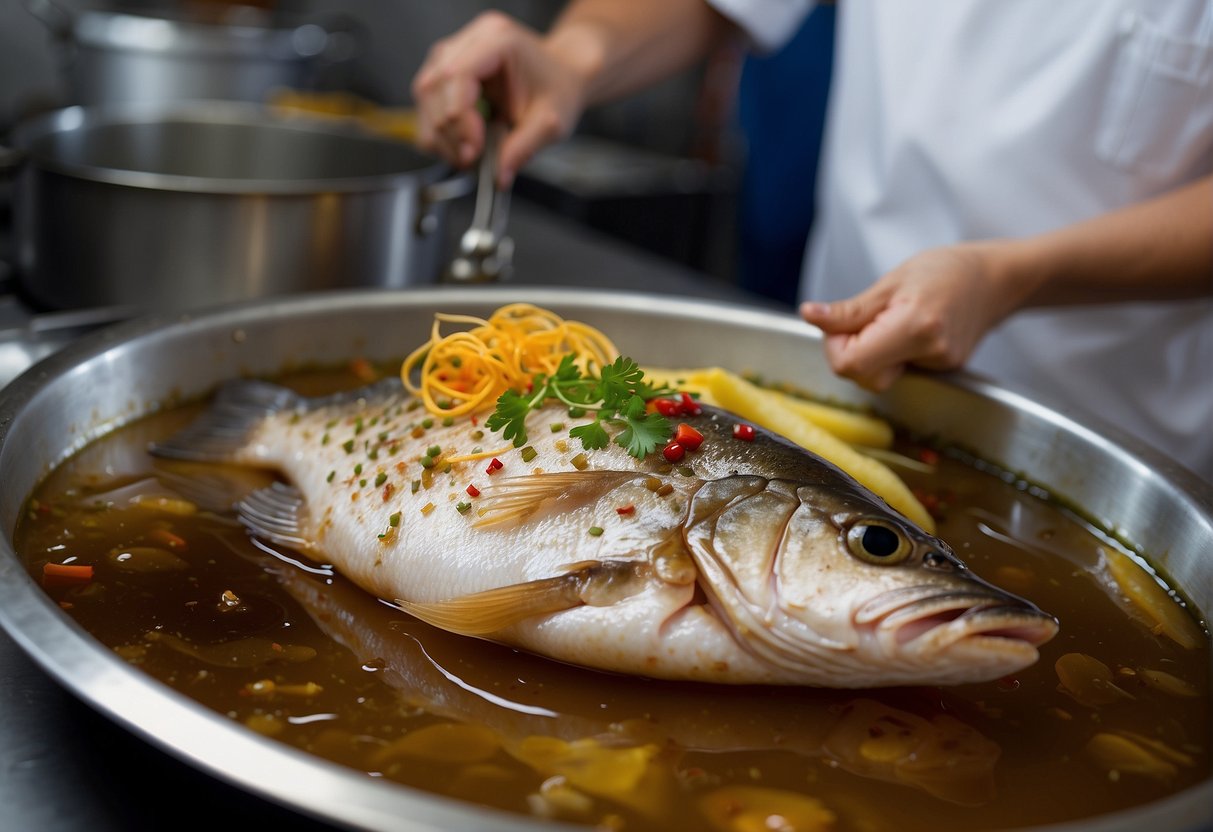 A whole fish being marinated in ginger, soy sauce, and spices before being deep-fried in hot oil