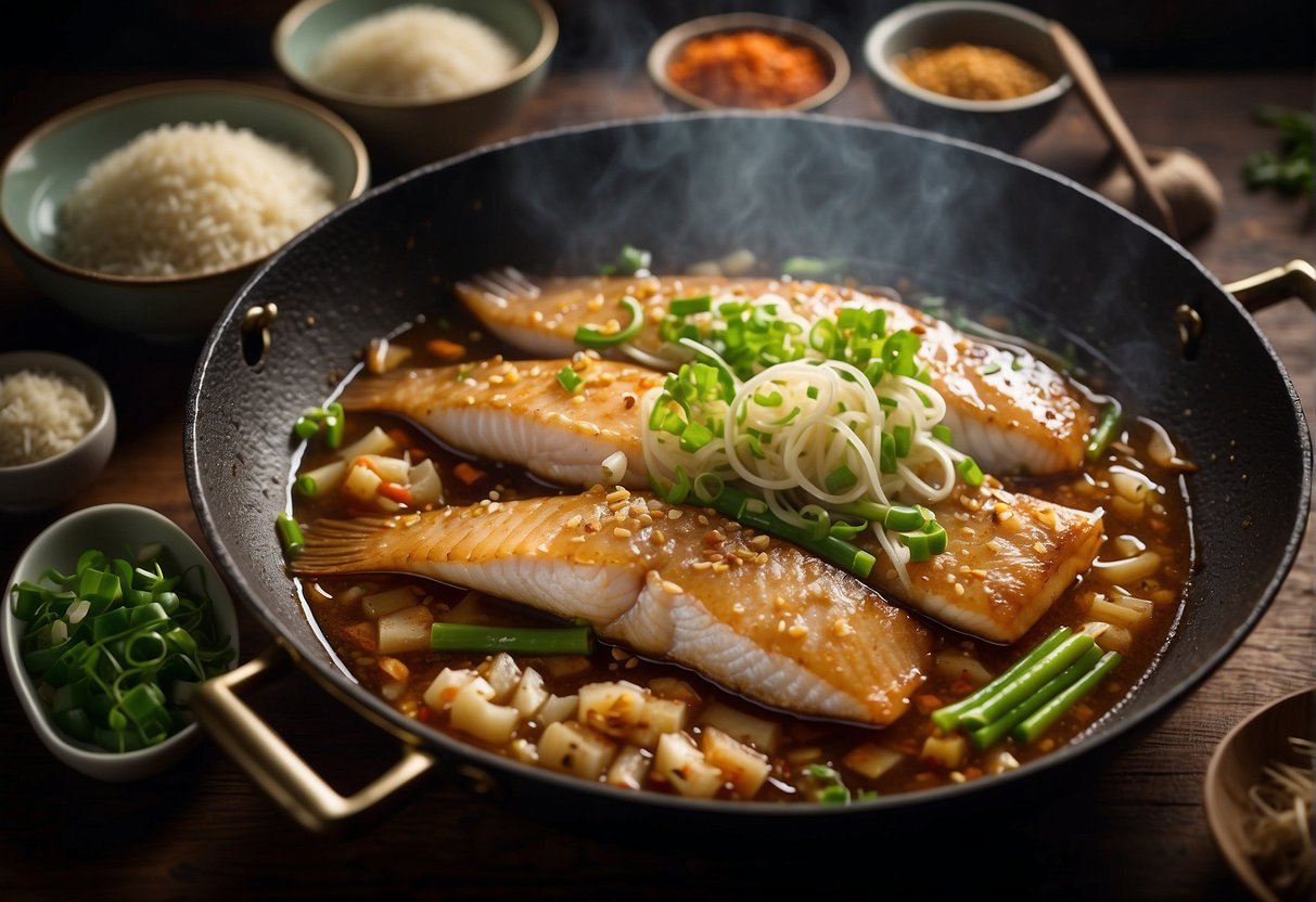 A whole fish sizzling in a wok with ginger, garlic, and green onions, surrounded by bottles of soy sauce, rice wine, and sesame oil