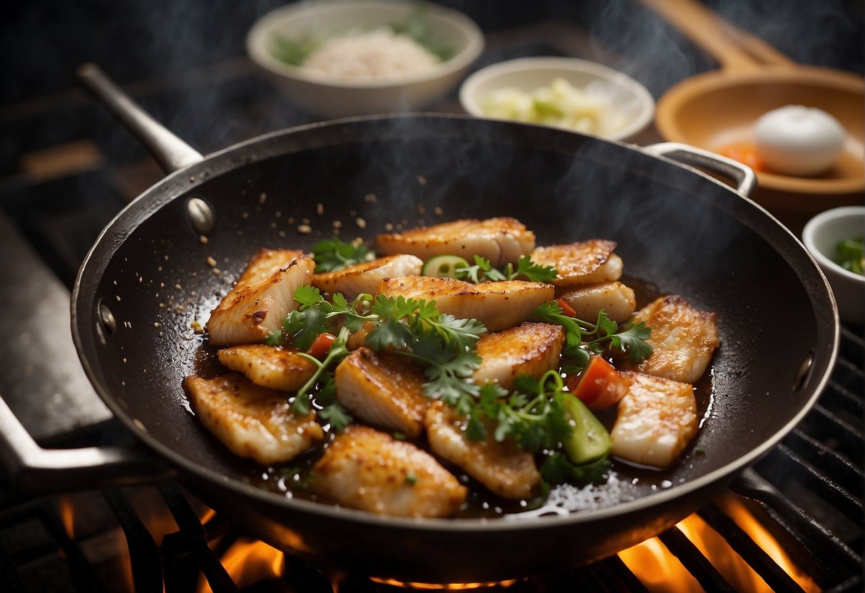 A wok sizzles as a whole fish is fried in ginger-infused oil, creating a fragrant and crispy dish