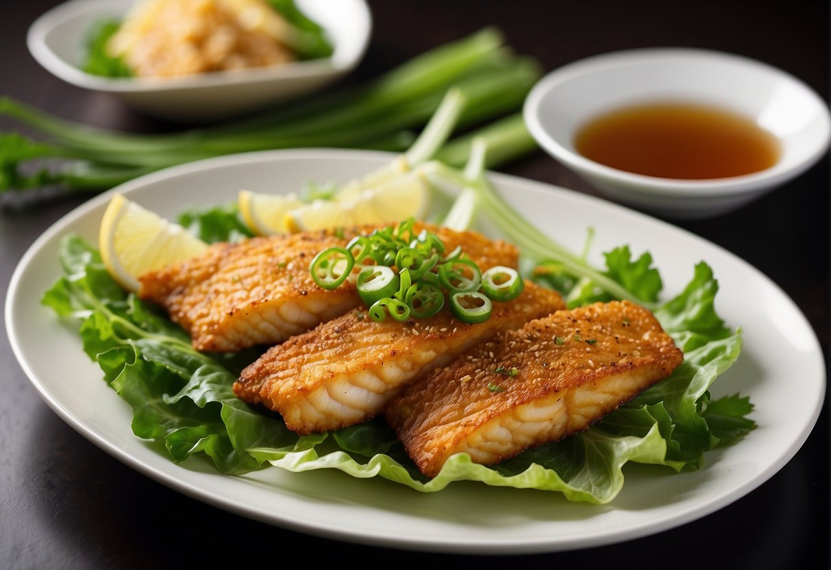 A platter of golden-fried fish with ginger garnish is presented on a bed of lettuce, with a side of soy sauce and sliced green onions