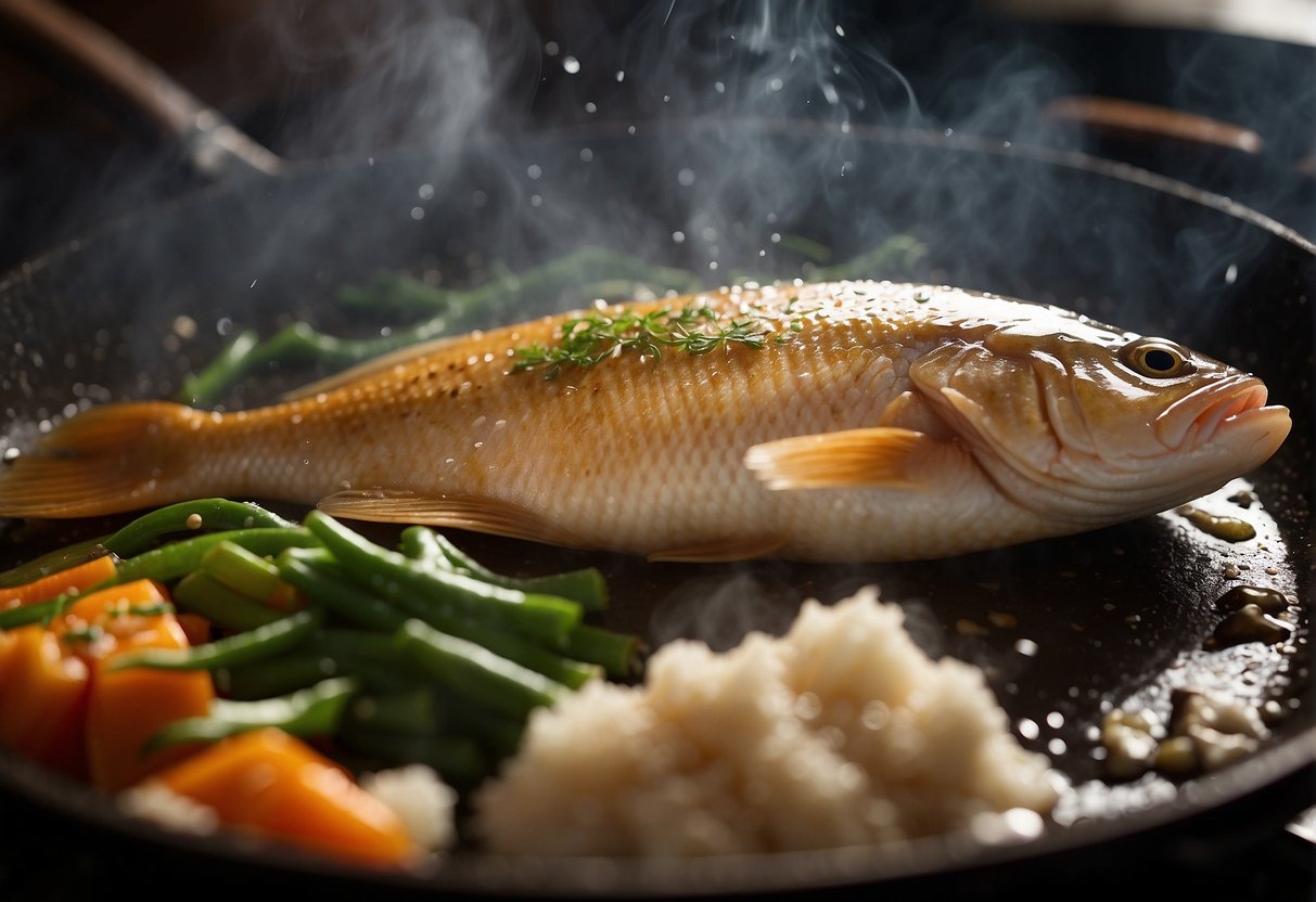 A whole fish sizzles in a wok of hot oil, surrounded by bubbling bubbles. The chef expertly flips the fish with a spatula, ensuring it cooks evenly on both sides