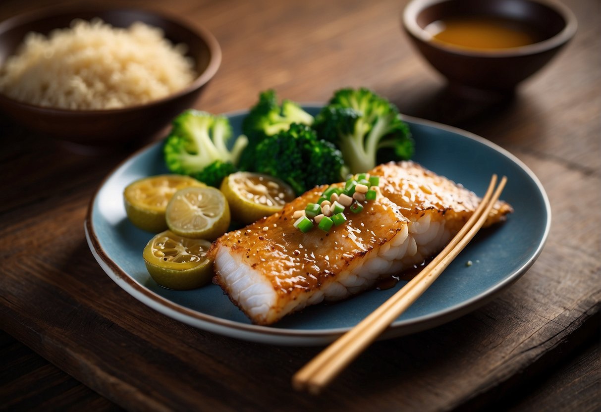 A plate of Chinese fried fish with ginger, accompanied by a side of steamed vegetables and a small dish of soy sauce