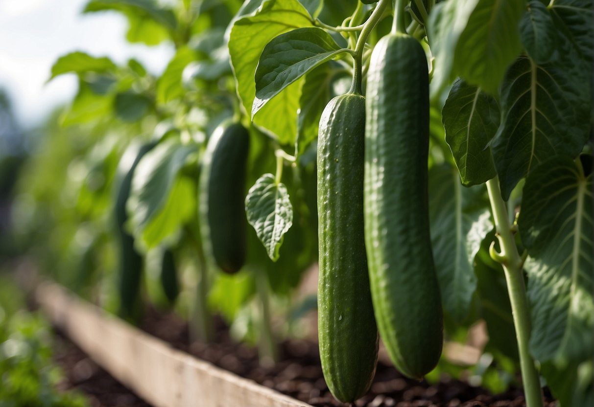 Cucumbers and peppers grow together in a garden bed, with tall trellises for the cucumbers to climb and vibrant green leaves on the pepper plants