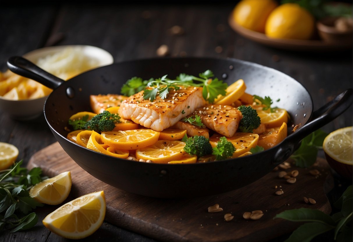 A sizzling wok with golden-brown fish, surrounded by vibrant ginger slices and fragrant spices