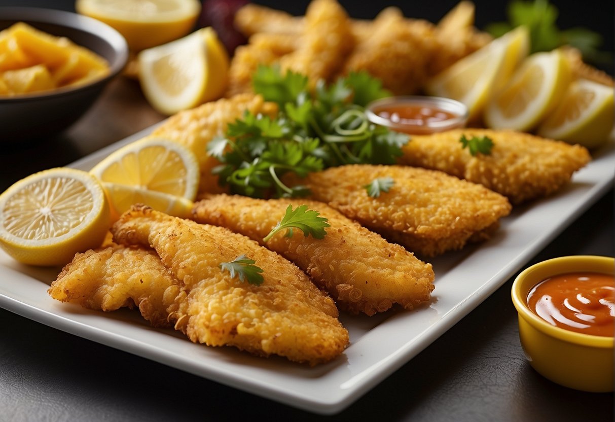 A platter of golden fried fish surrounded by vibrant garnishes and served with a side of dipping sauce