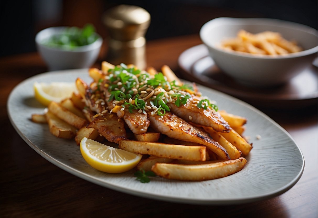 A sizzling wok fries whole fish in a fragrant blend of ginger, garlic, and soy sauce, creating a crispy and savory Chinese delicacy