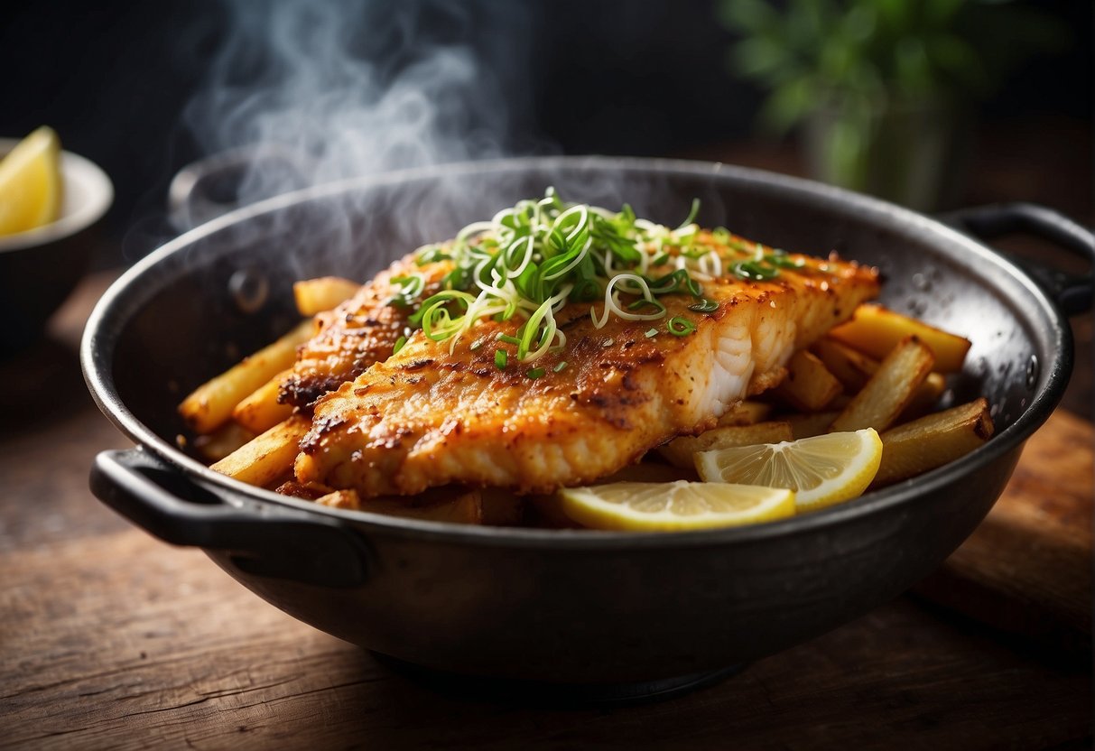 A sizzling wok fries up crispy whole fish with a fragrant blend of Chinese spices and herbs. Steam rises as the fish is carefully turned and coated in the flavorful sauce