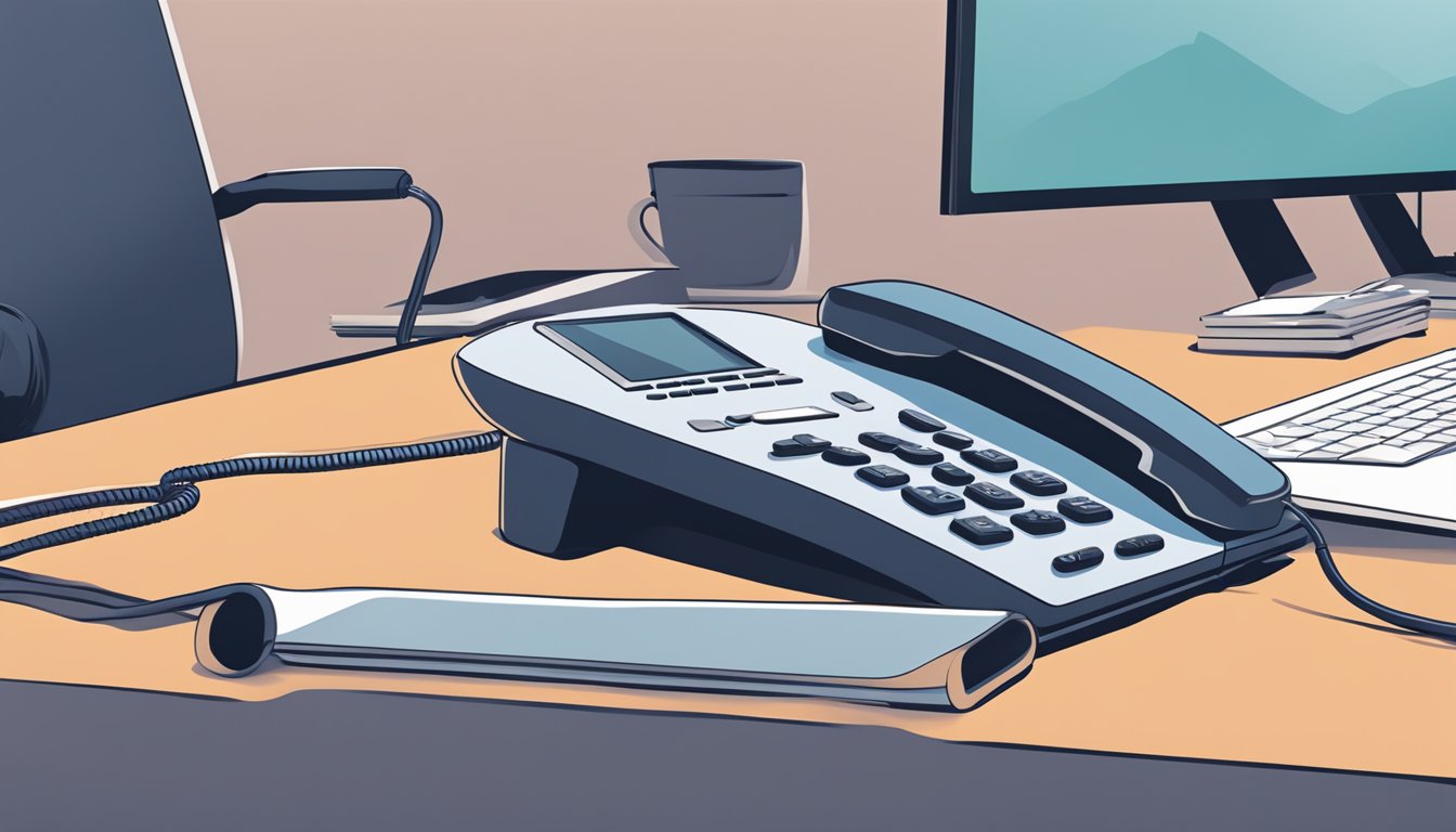 A hand reaching for a VoIP phone on a desk in a modern office setting in Singapore