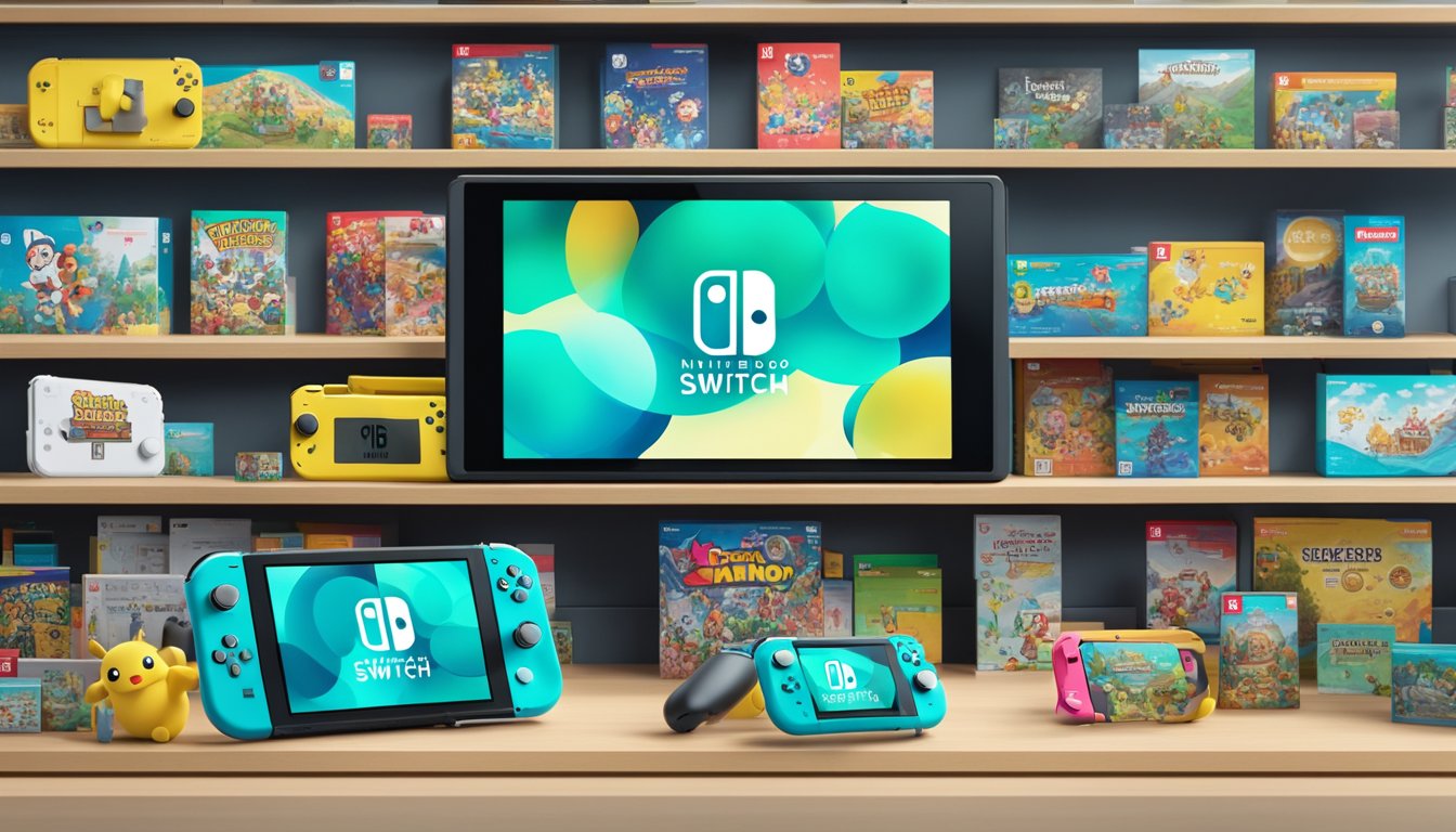 A Nintendo Switch Lite displayed on a shelf at Best Buy, surrounded by other gaming products