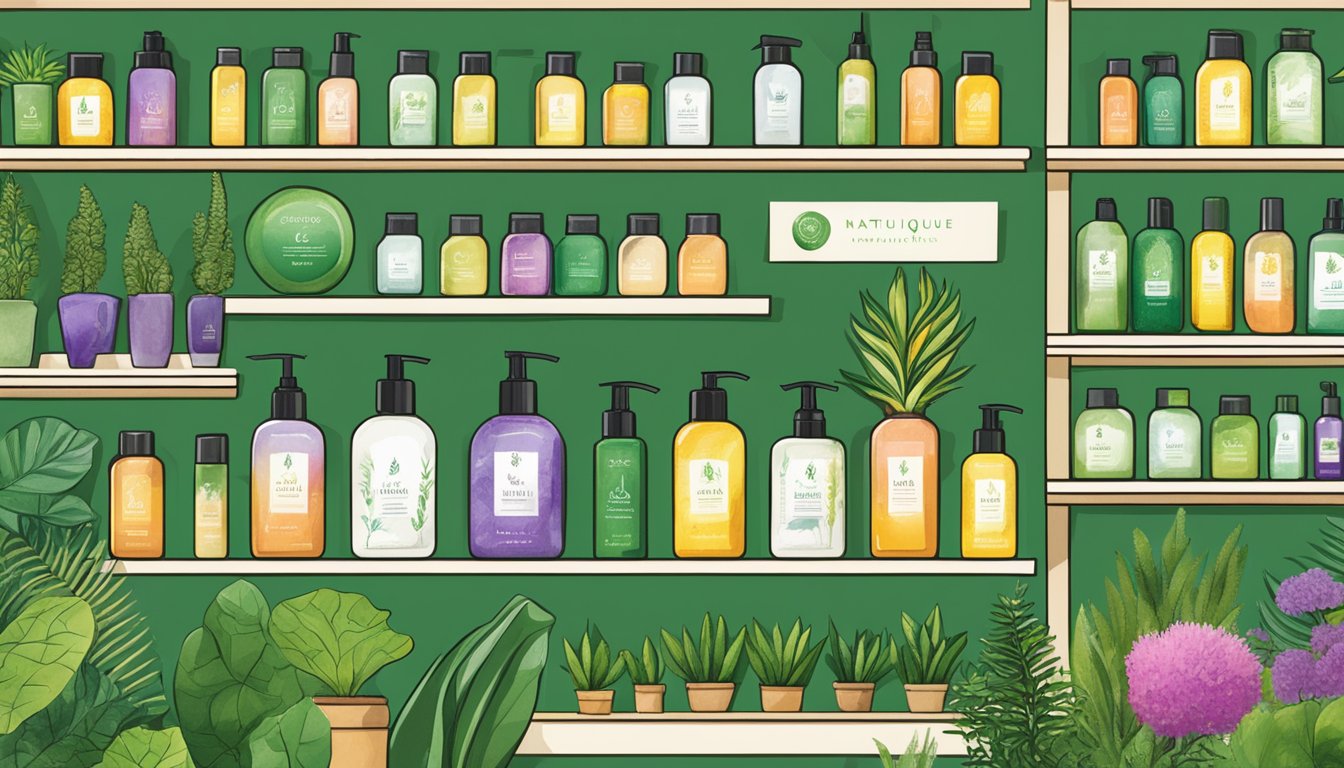 Vibrant bottles of Natulique hair color line a shelf, surrounded by lush green plants and natural elements. The logo stands out, representing the organic revolution in hair color