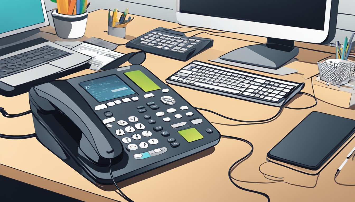 A hand reaches for a modern VoIP phone on a desk, with a computer and office supplies in the background. The phone is sleek and black, with a digital display and programmable buttons