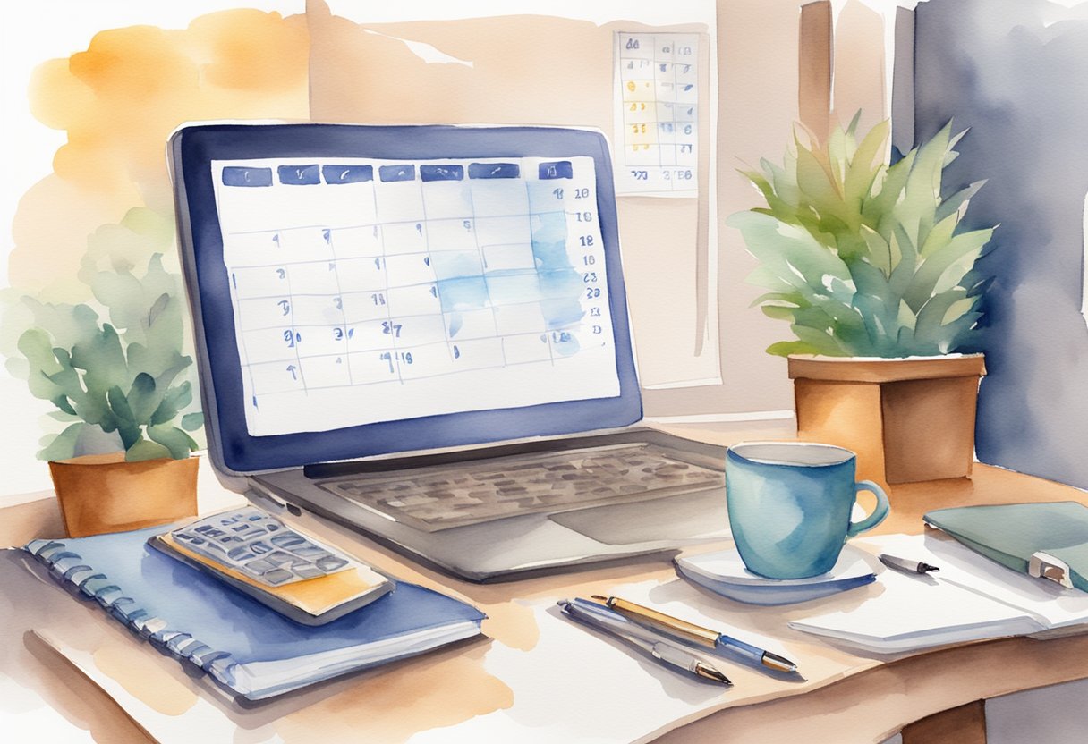 A desk with a computer, notebook, and pen. A calendar with deadlines. A whiteboard with brainstorming notes. A clock showing the passing of time