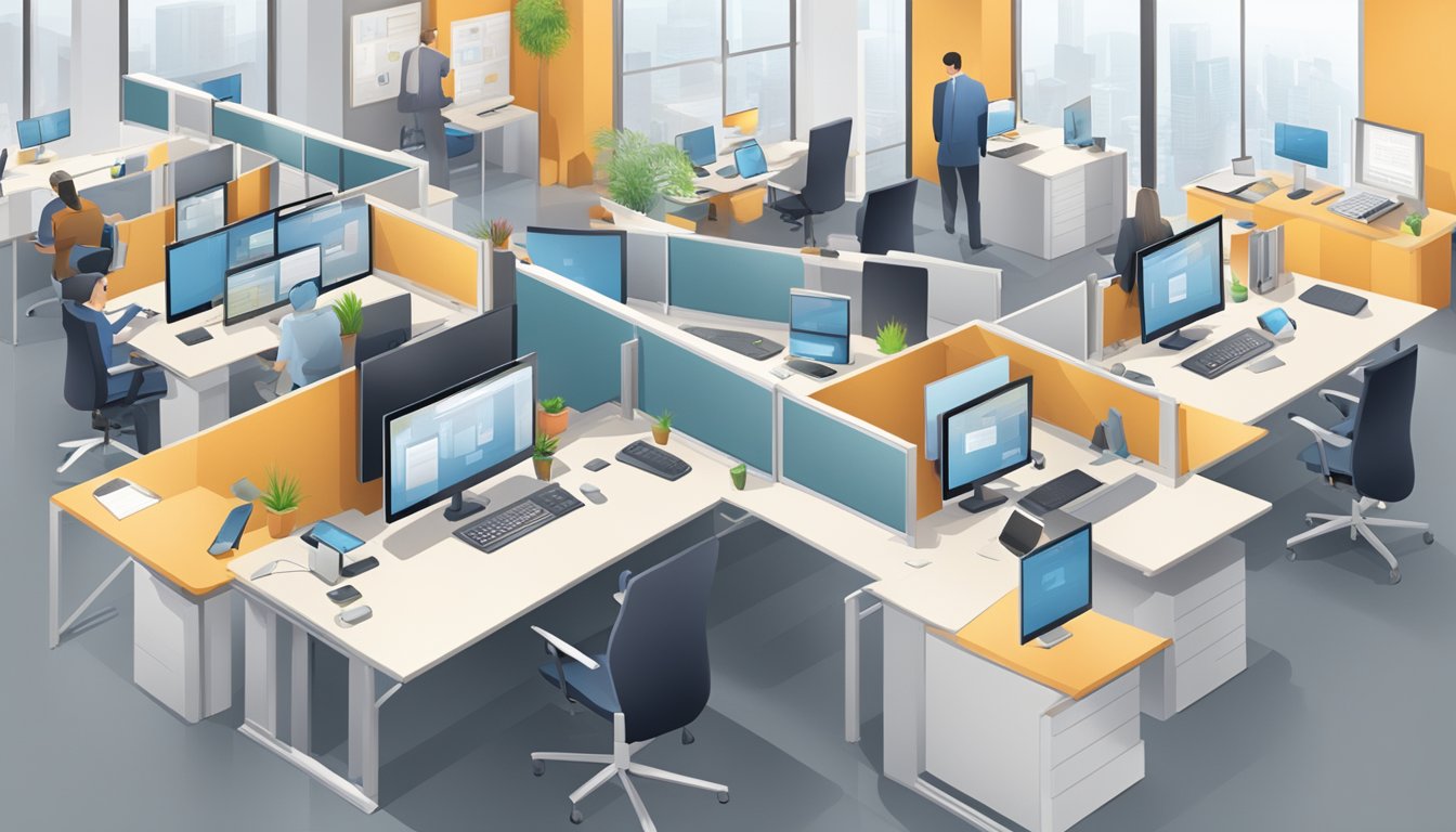 A modern office setting with sleek VoIP phones on desks, employees engaged in efficient communication, and a seamless integration of technology