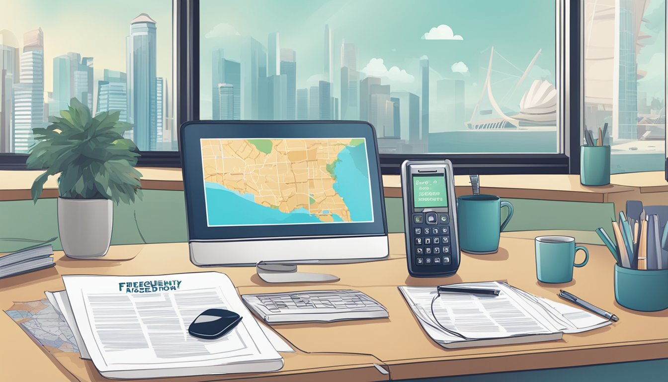 A phone sitting on a desk with a "Frequently Asked Questions" sign next to it, and a map of Singapore in the background