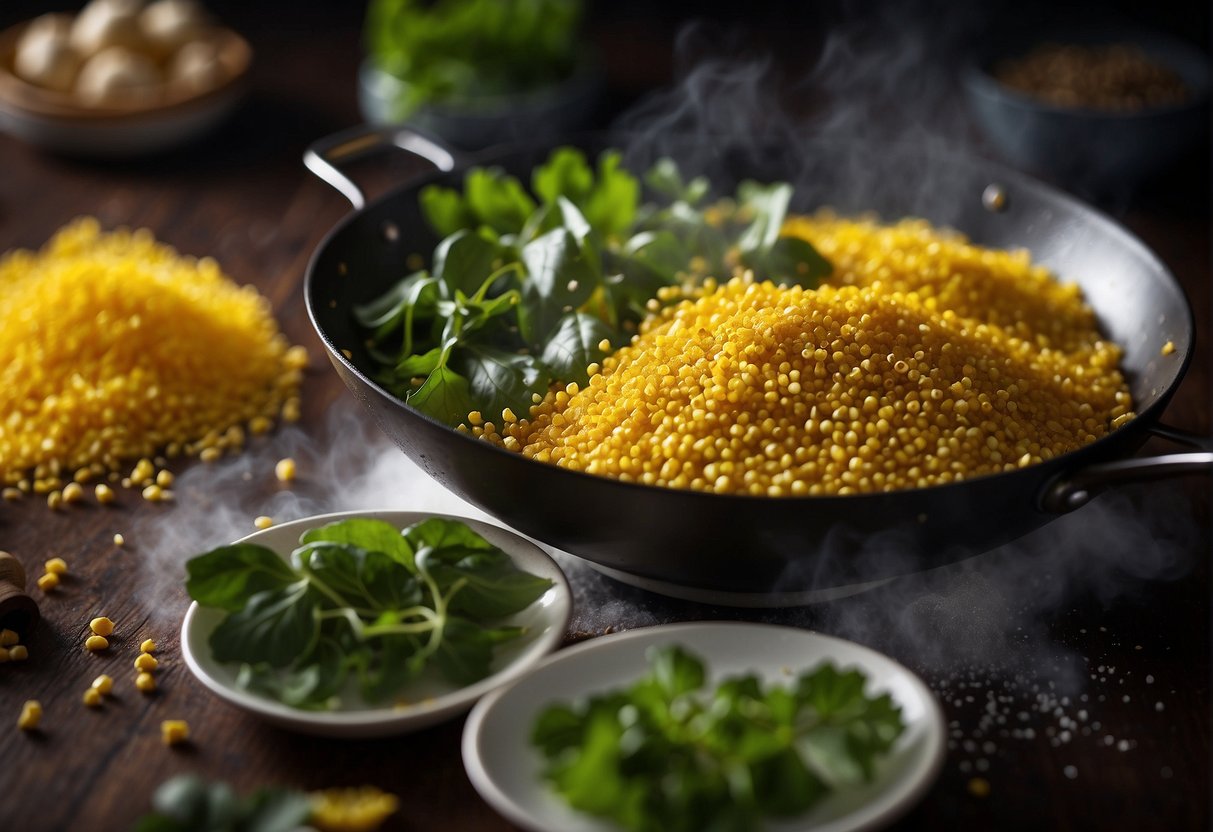 Mustard leaves sizzle in a wok with Chinese spices. Oil bubbles as the ingredients are tossed