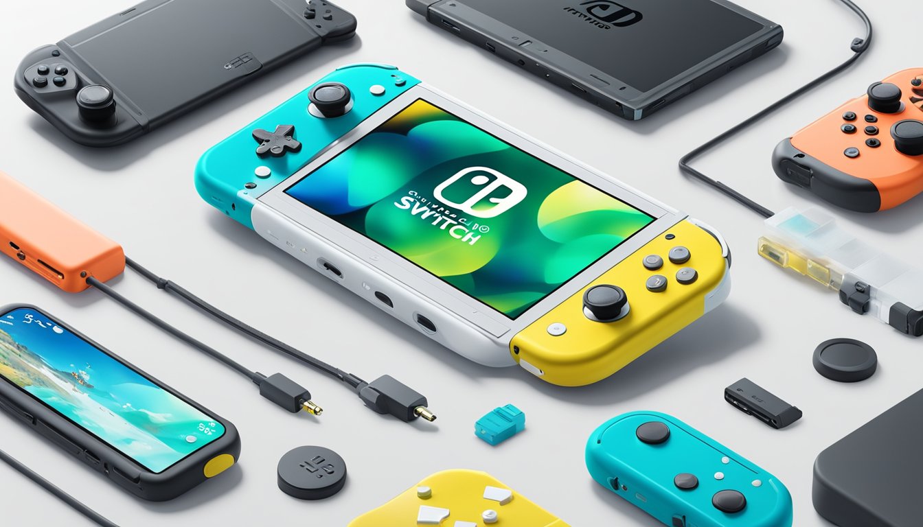 A Nintendo Switch Lite displayed on a clean, white countertop at Best Buy, surrounded by signs and shelves of electronic accessories