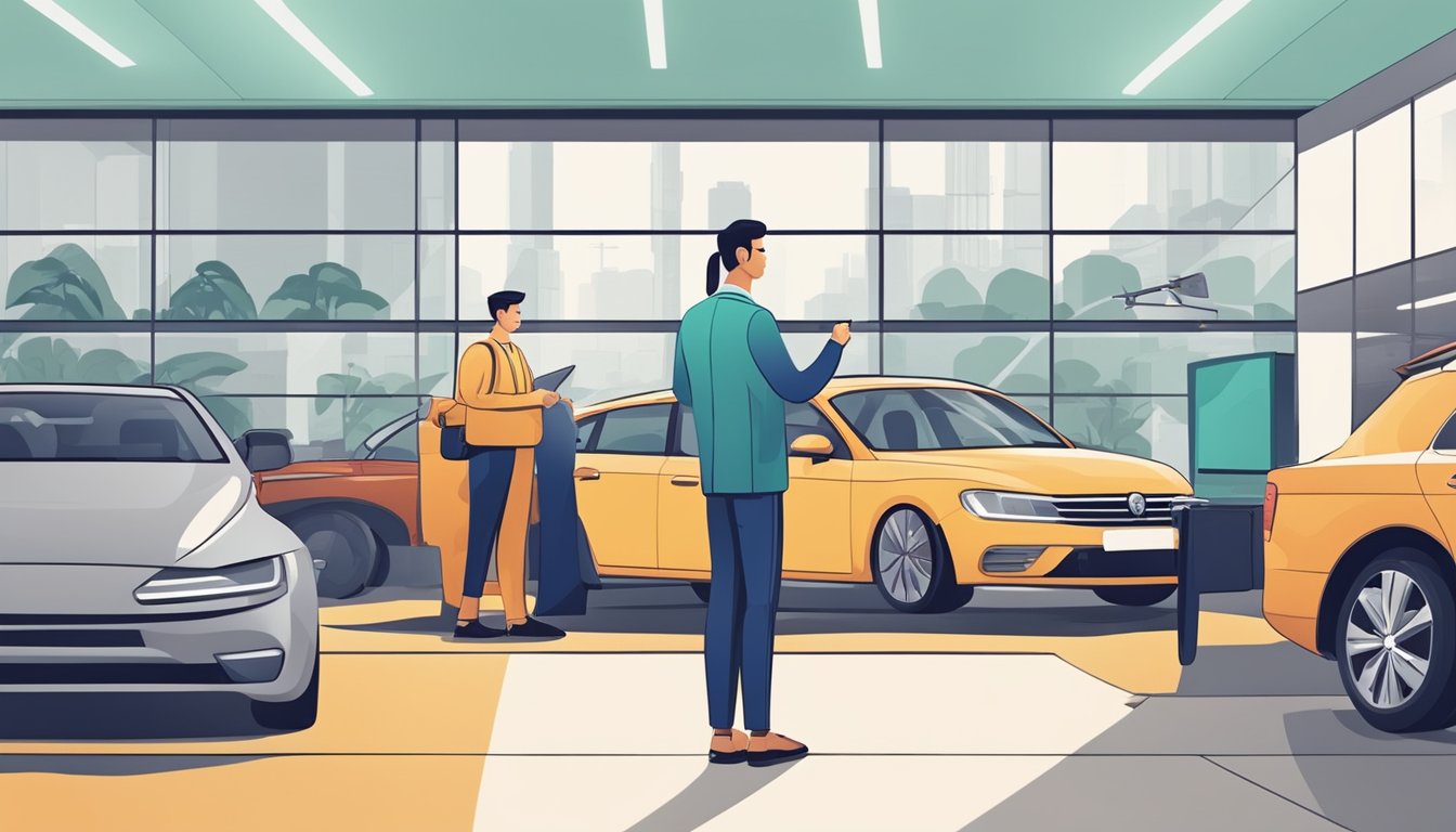 A customer inspecting a used car at a dealership in Singapore. The salesperson showing the vehicle's features and negotiating the price