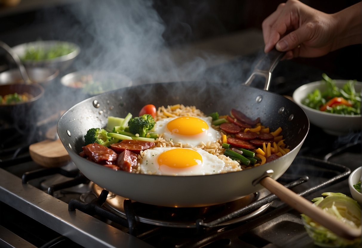 A wok sizzles with glutinous rice, eggs, Chinese sausage, and vegetables. Steam rises as the ingredients are stir-fried with soy sauce and seasonings