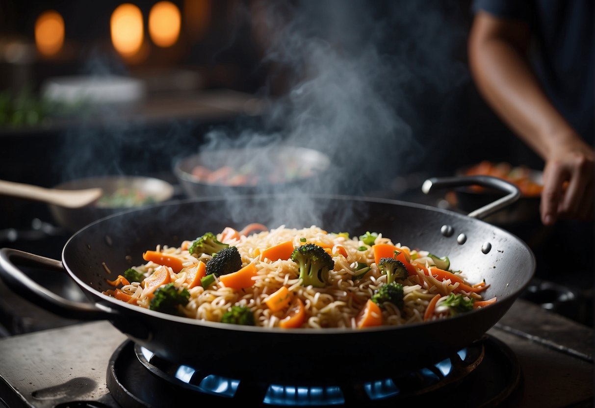 A wok sizzles as glutinous rice is stir-fried with Chinese seasonings and ingredients, creating a fragrant and flavorful dish