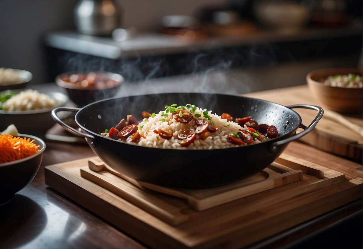 A wok sizzling with glutinous rice, soy sauce, and Chinese sausage. Bowls of dried shrimp, shiitake mushrooms, and scallions on the counter