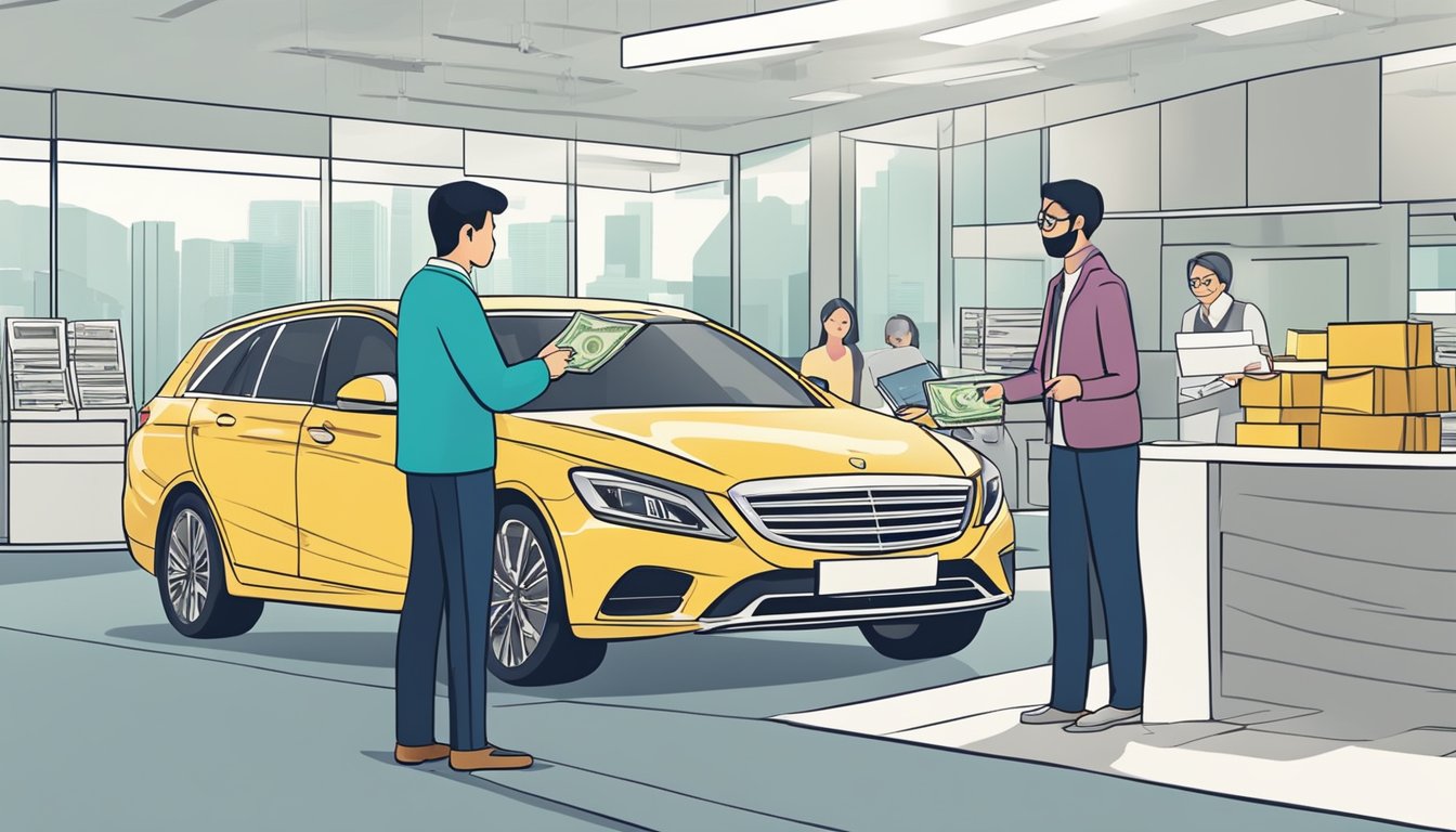 A customer hands over cash to a seller at a car dealership in Singapore, completing the purchase of a second-hand car