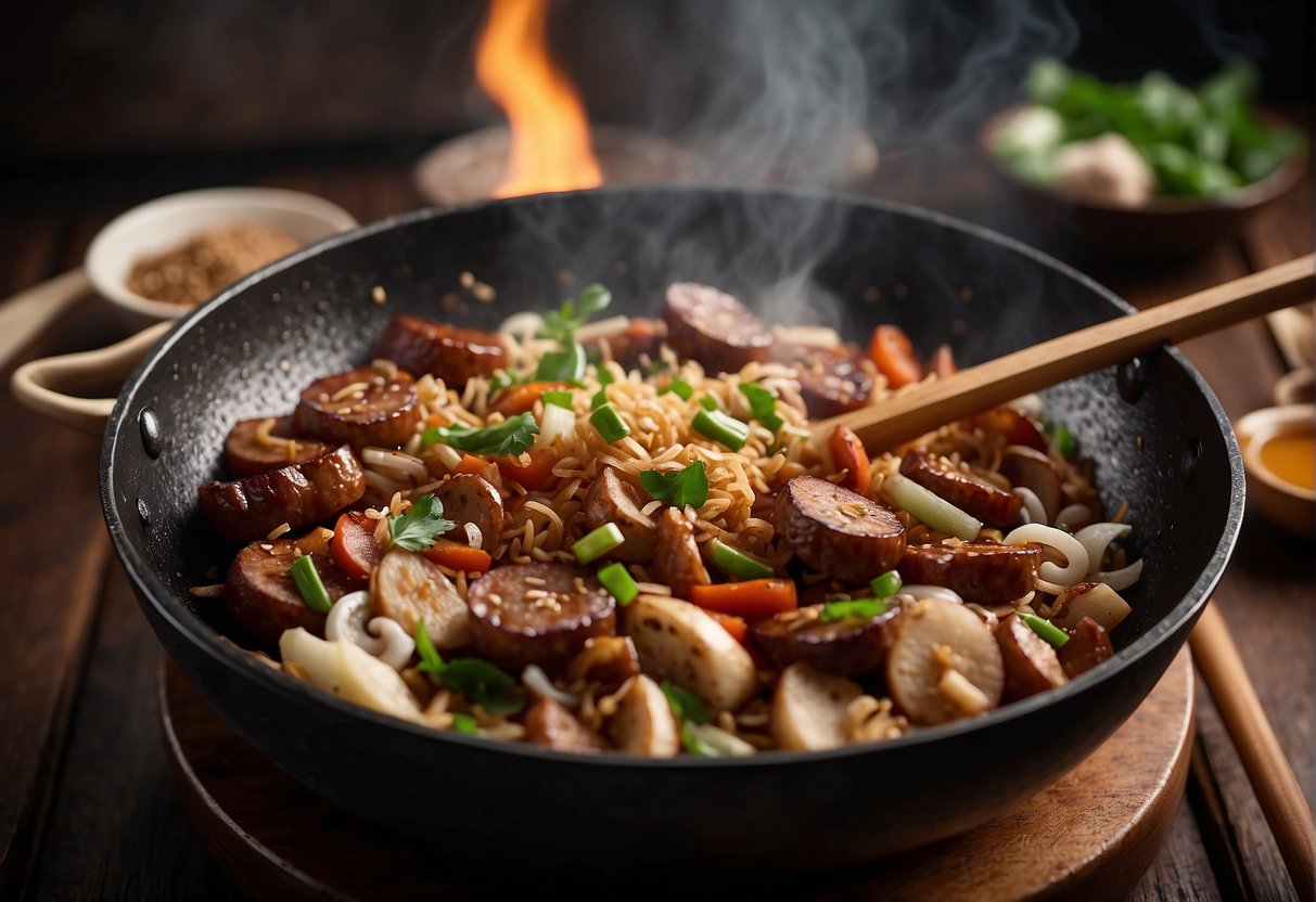 A wok sizzles over high heat, stir-frying glutinous rice with Chinese sausages, mushrooms, and soy sauce. A wooden spatula tosses the ingredients, creating aromatic steam