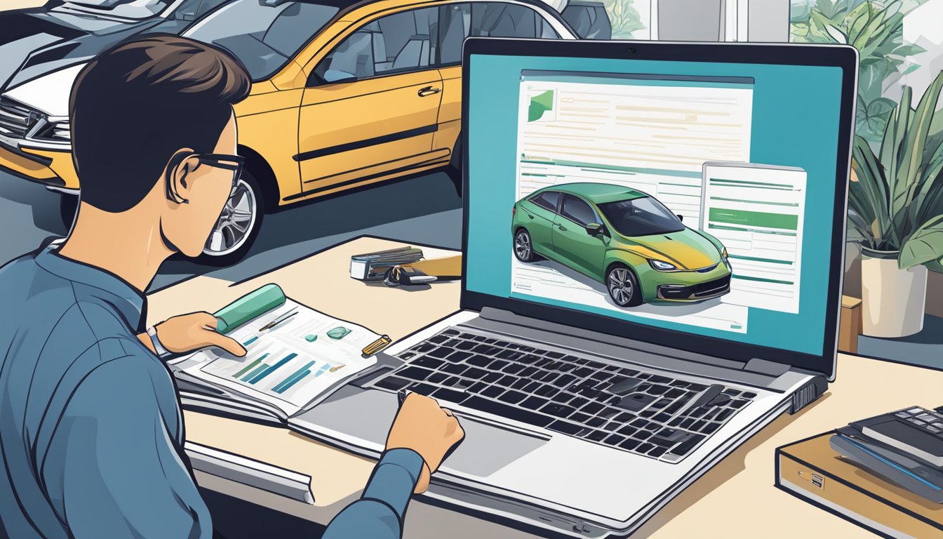 A person researching second-hand car buying in Singapore, surrounded by a computer, car brochures, and a checklist