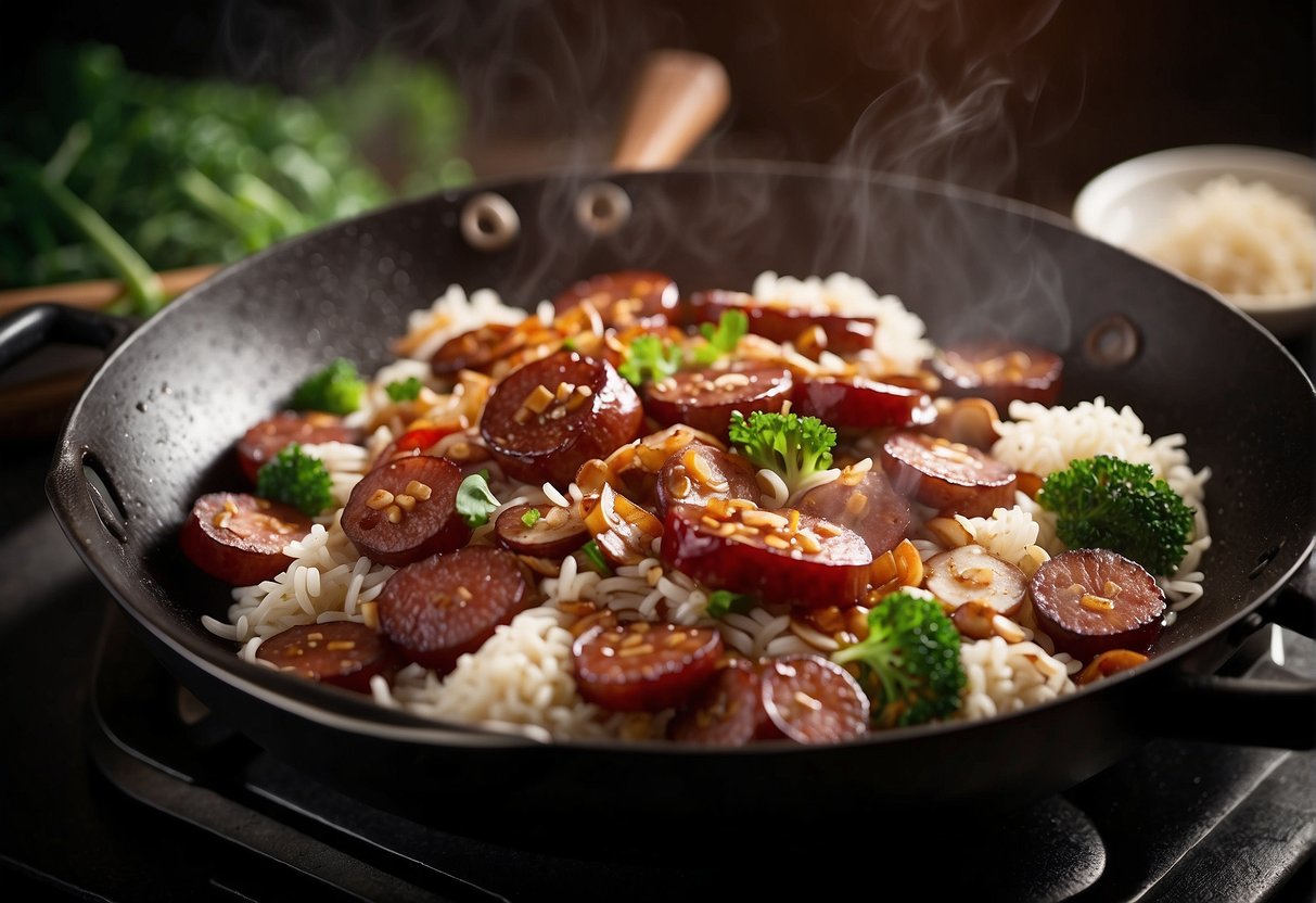 A wok sizzles with sautéed Chinese sausage, mushrooms, and soaked glutinous rice, as soy sauce and seasonings are added, creating a fragrant, savory aroma