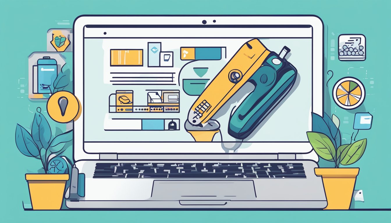 A hand holding a Philips trimmer clicks "buy now" on a laptop, surrounded by online shopping icons and a secure checkout button