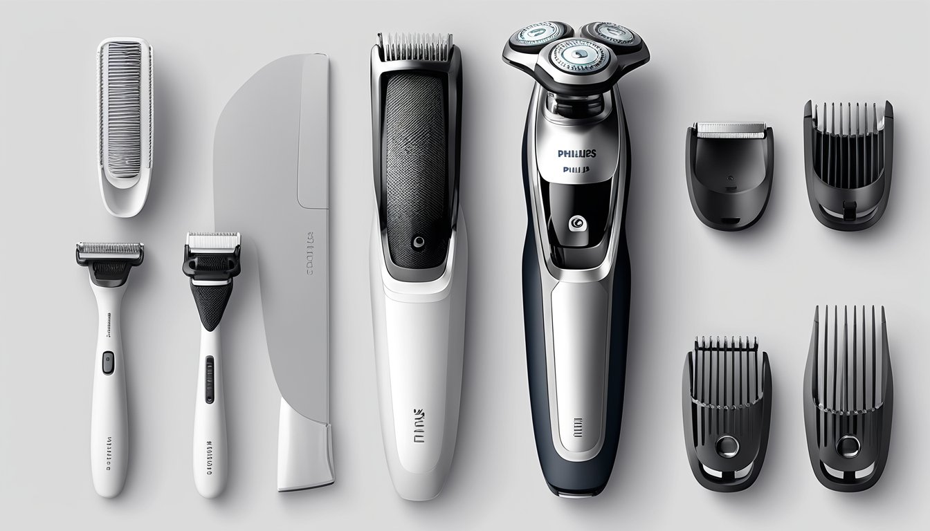 A Philips trimmer sits on a clean, white surface, surrounded by its key features: adjustable length settings, stainless steel blades, and a sleek, ergonomic design