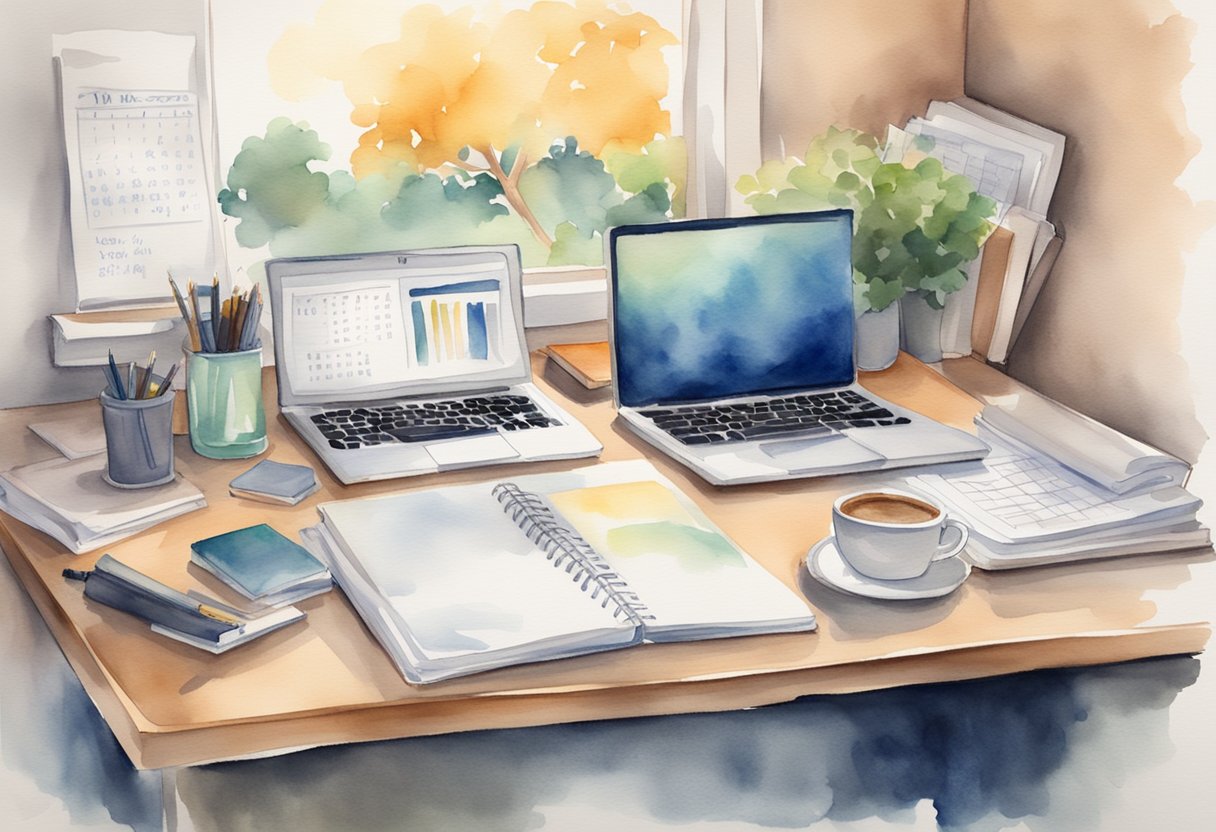 A desk with a laptop, notebook, and pen. A clock on the wall shows 9am. A to-do list and a calendar are visible